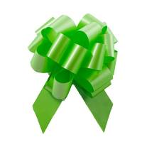 Citrus Green pom style pull bow shown fully gathered, with looped smooth poly ribbon and two pointed tail streamers