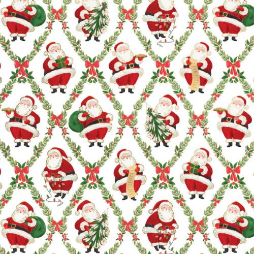 Classic Santa Gift Wrap Paper - classic Santa illustrations and Christmas trees on a cream background