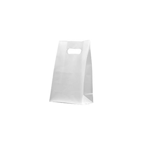 Translucent frosted clear poly shopping bag with a die-cut handle and gusseted bottom — 7 x 3 1/2 x 10 1/2