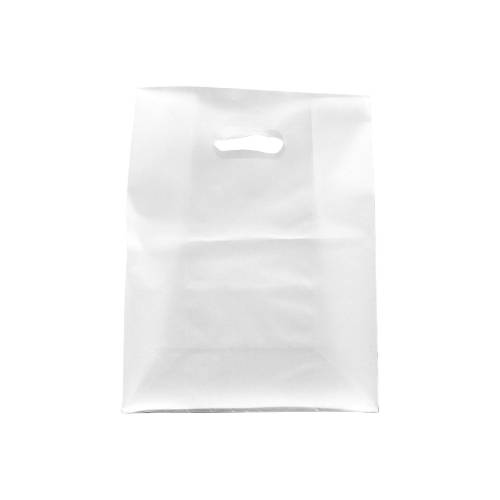 Translucent frosted clear poly shopping bag with a die-cut handle and gusseted bottom — 10 x 5 x 13