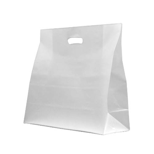 Translucent frosted clear poly shopping bag with a die-cut handle and gusseted bottom — 16 x 6 x 15