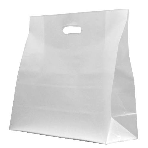 Translucent frosted clear poly shopping bag with a die-cut handle and gusseted bottom — 24 x 8 x 24