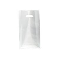 Translucent frosted clear poly shopping bag with a die-cut handle and gusseted bottom — 7 3/4 x 3 1/2 x 15