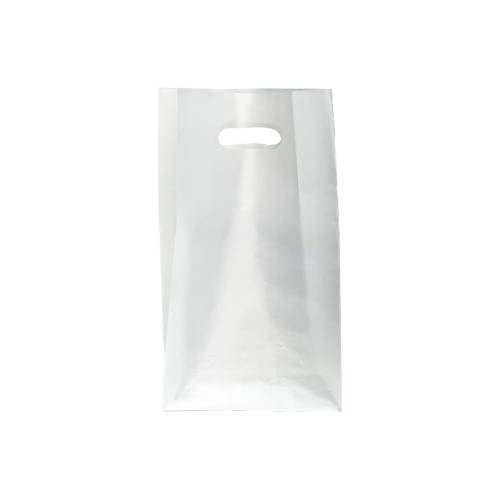 Translucent frosted clear poly shopping bag with a die-cut handle and gusseted bottom — 7 3/4 x 3 1/2 x 15