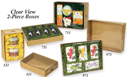 Clear View 2-piece boxes — natural kraft eflute base with a clear lid, holding gourmet gift sets