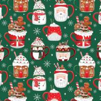 Cocoa Christmas Green Gift Wrap Paper - cozy cocoa mugs, marshmallows, and hot chocolate on a green background
