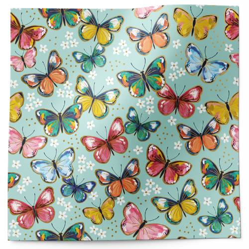 Colorful butterflies tissue paper with large illustrated butterflies in pink, orange and gold on soft teal