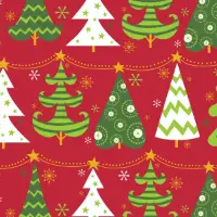 Colorful Trees on Red Gift Wrap Paper with whimsical striped and chevron Christmas trees in green and white on bright red