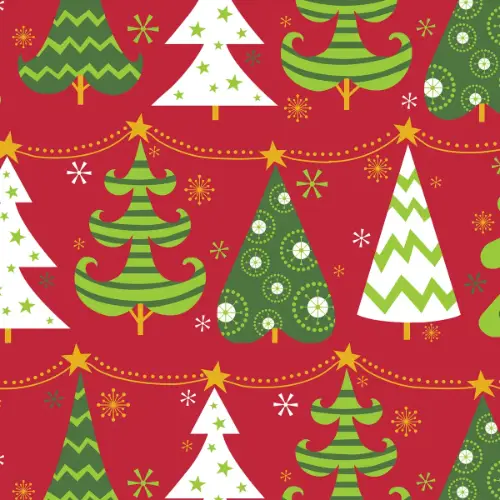 Colorful Trees on Red Gift Wrap Paper with whimsical striped and chevron Christmas trees in green and white on bright red