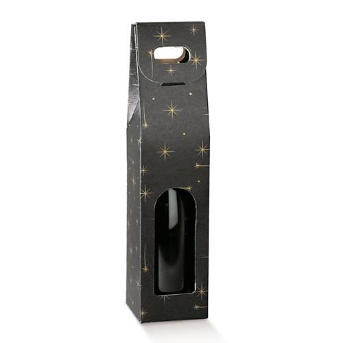 Constellation wine bottle carrier 3.5x3.5x15, upright folding carrier with die-cut handle and arched bottle window