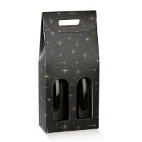 Constellation wine bottle carrier 7x3.5x15, upright folding carrier with die-cut handle and 2 arched bottle windows