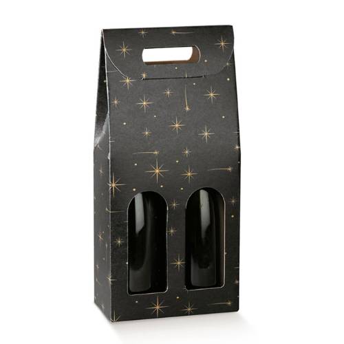 Constellation wine bottle carrier 7x3.5x15, upright folding carrier with die-cut handle and 2 arched bottle windows