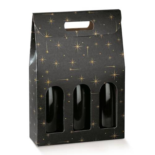 Constellation wine bottle carrier 10.6x3.5x15, upright folding carrier with die-cut handle and 3 arched bottle windows