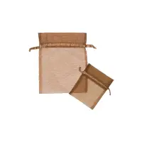 Copper organza bag 3x4 - sheer drawstring pouch in a soft metallic copper-tan weave, shown upright with a second bag laid in front