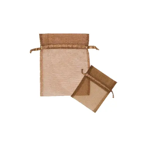 Copper organza bag 4x5.5 - sheer drawstring pouch in a soft metallic copper-tan weave, shown upright with a second bag laid in front