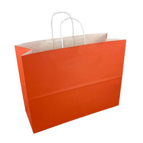Coral kraft paper shopping bag with white interior and white twisted paper handles — 16 x 6 x 12