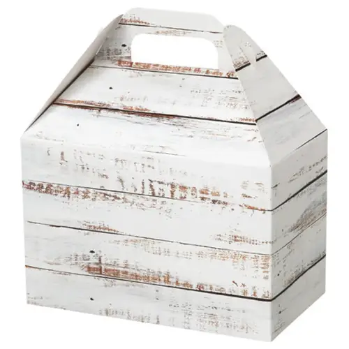 Distressed White Wood large gable box — weathered white wood-plank pattern, die-cut top carry handle