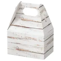 Distressed White Wood mini gable box — weathered white wood-plank pattern, die-cut top carry handle