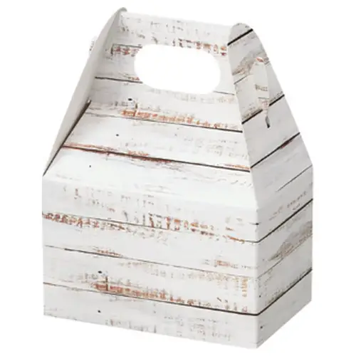 Distressed White Wood mini gable box — weathered white wood-plank pattern, die-cut top carry handle