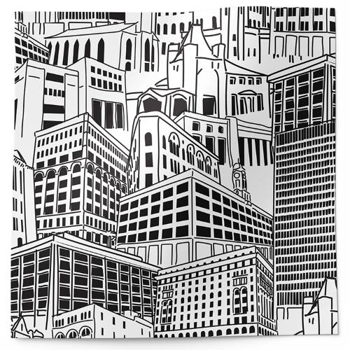 Downtown printed tissue paper featuring black and white city skyline illustrations on a white background