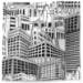 Downtown printed tissue paper featuring black and white city skyline illustrations on a white background
