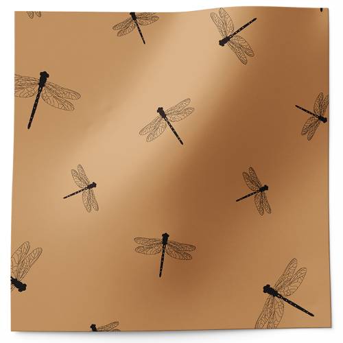 Dragonflies printed tissue paper featuring black dragonfly illustrations on a kraft brown background