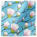 Early Spring printed tissue paper featuring pink blossoms and budding branches on a light blue background