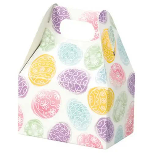 Easter Eggs mini gable box — pastel polka-dot Easter eggs on white, die-cut top carry handle