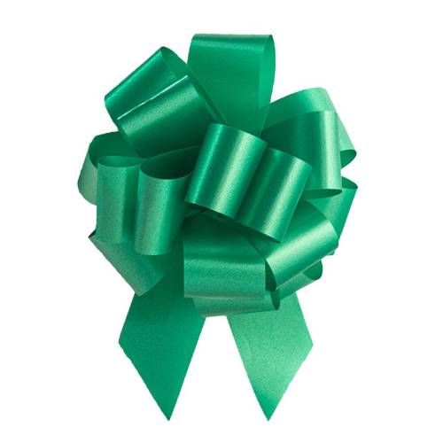 Emerald pom style pull bow shown fully gathered, with looped smooth poly ribbon and two pointed tail streamers