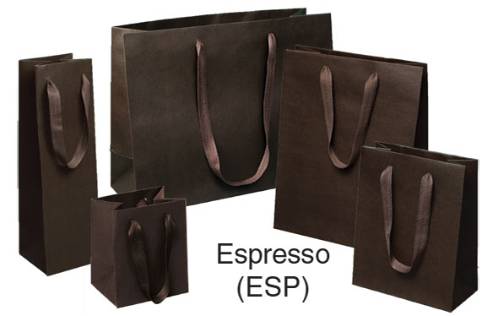 Espresso brown Manhattan shopping bags in matte uncoated paper with flat woven cotton-twill handles, shown in multiple sizes