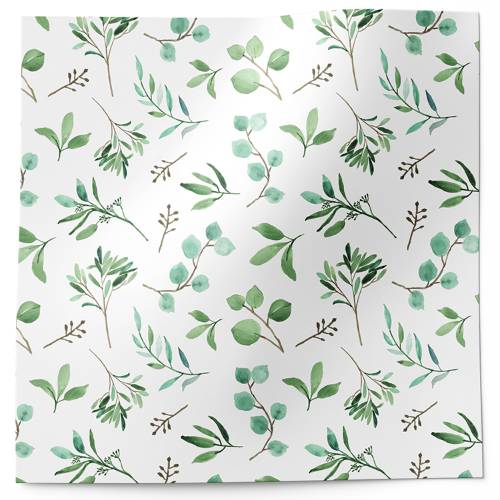 Eucalyptus printed tissue paper featuring soft green eucalyptus leaves on a white background