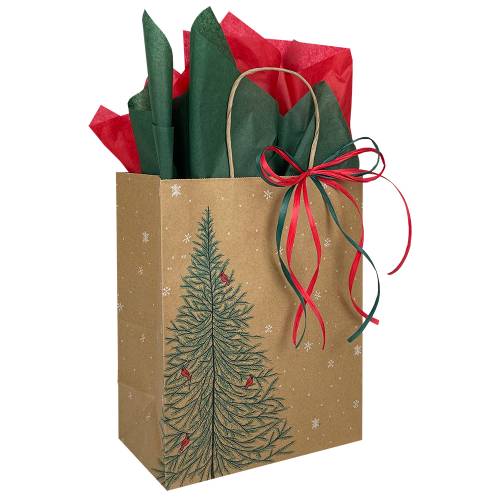 Natural kraft paper shopping bag printed with an evergreen forest, twisted paper handles