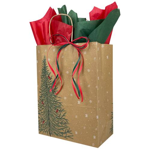 Natural kraft paper shopping bag printed with an evergreen forest, twisted paper handles