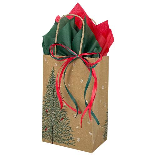 Natural kraft paper shopping bag printed with an evergreen forest, twisted paper handles
