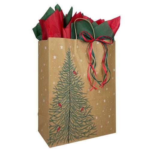 Natural kraft paper shopping bag printed with an evergreen forest, twisted paper handles