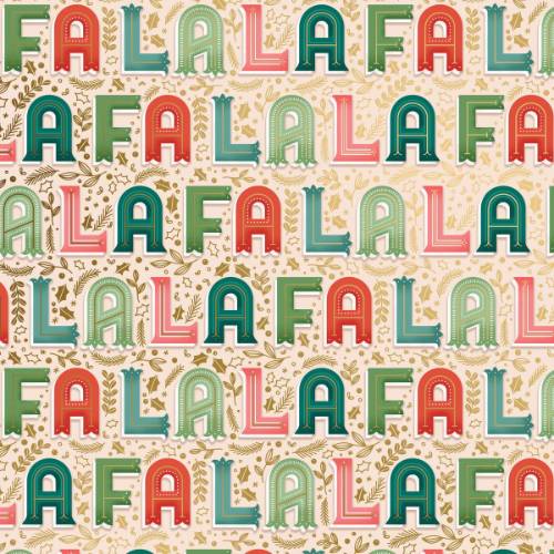 Fa La La Gift Wrap Paper - colorful Fa La La carol lettering with gold botanical accents on a cream background