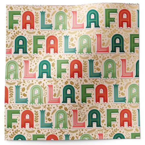 Fa La La Printed Tissue Paper - colorful holiday carol lettering with gold holly accents on a cream sheet