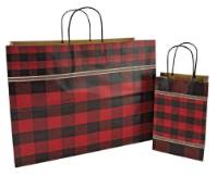 Natural kraft paper shopping bag in black-and-red flannel plaid, twisted paper handles