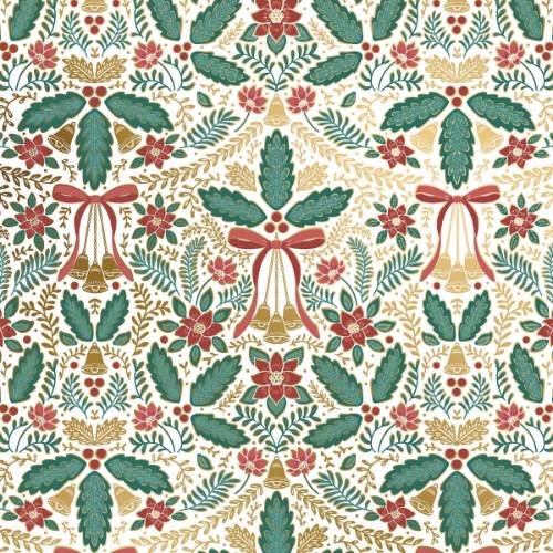 Festive Folk Gift Wrap Paper - folk-art figures, deer, and florals in red, green, and teal on a cream background