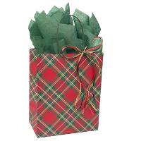 Red-and-green Christmas tartan plaid paper shopping bag with twisted paper handles, medium size