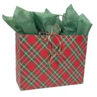 Red-and-green Christmas tartan plaid paper shopping bag with twisted paper handles, wide size