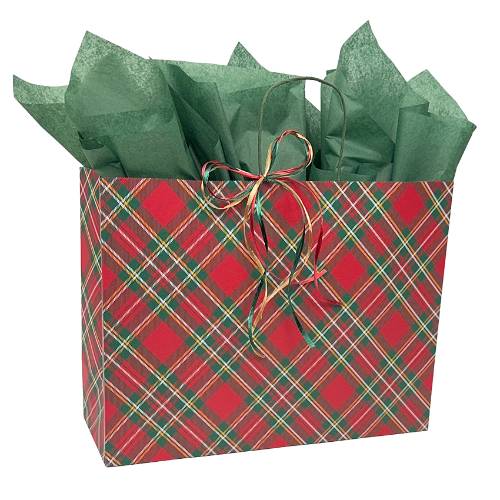 Red-and-green Christmas tartan plaid paper shopping bag with twisted paper handles, wide size