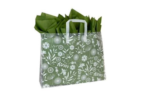 White wildflower-and-botanical print on a frosted clear poly shopping bag with soft loop handles — 16 x 6 x 12