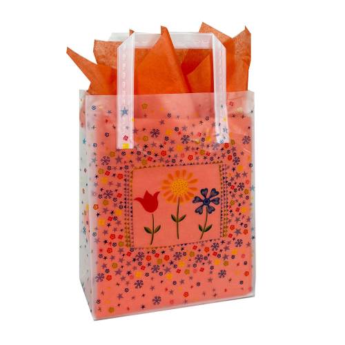 Folk-art three-flower print on a frosted clear poly shopping bag with soft loop handles — 8 x 4 x 10