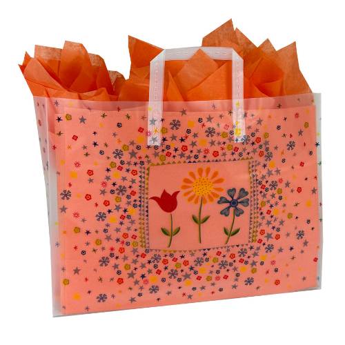Folk-art three-flower print on a frosted clear poly shopping bag with soft loop handles — 16 x 6 x 12