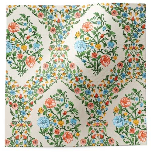 Floral Damask Pearl printed tissue paper with coral, blue, and yellow floral damask medallions on a pearl white background