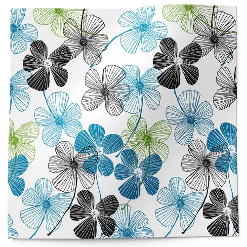 Modern line-art floral tissue paper with open blooms in teal, blue, green and black on white