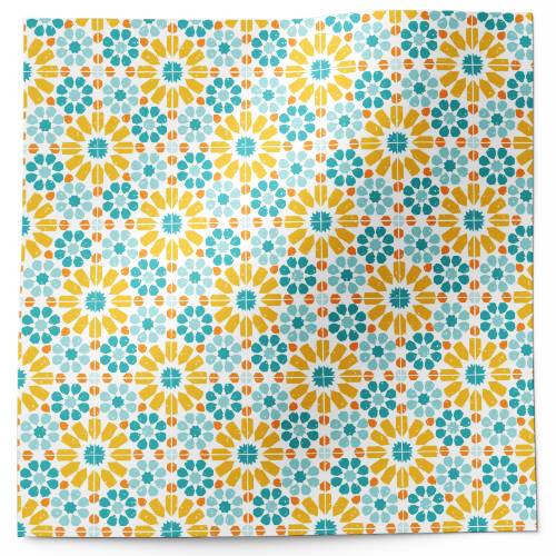 Flowers tissue paper with a repeating geometric floral pattern in teal and gold on white