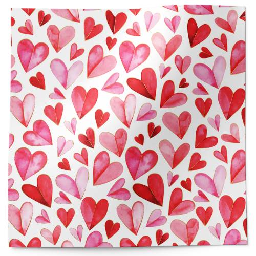 Folded hearts tissue paper with layered watercolor hearts in red and pink on white