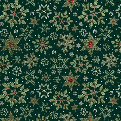 Forest Snowflakes Gift Wrap Paper - holly, mistletoe, and evergreen snowflakes with red berries on deep forest green